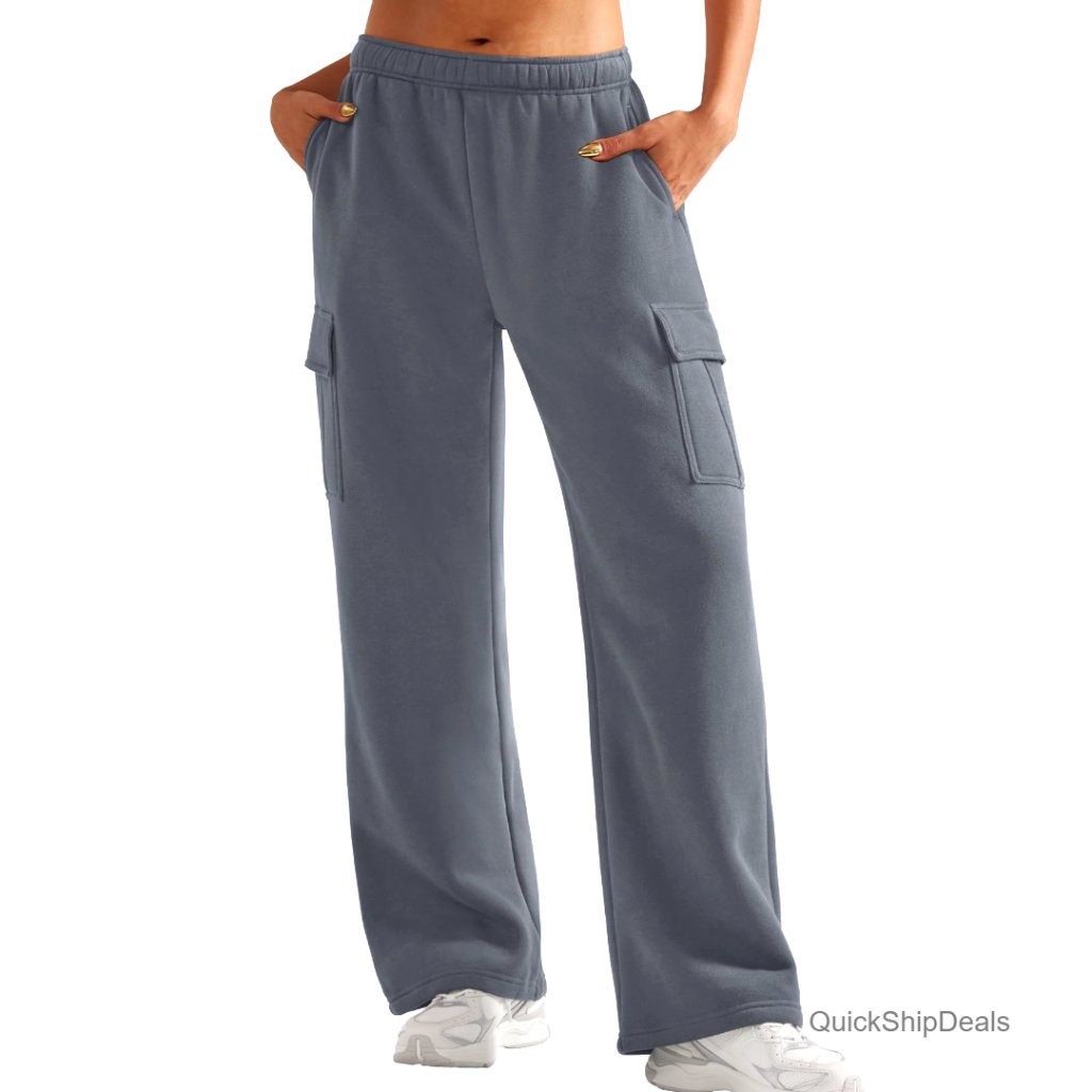 Fleece Lined Cargo Sweatpants Wide Leg Joggers Adjustable Waist Pockets